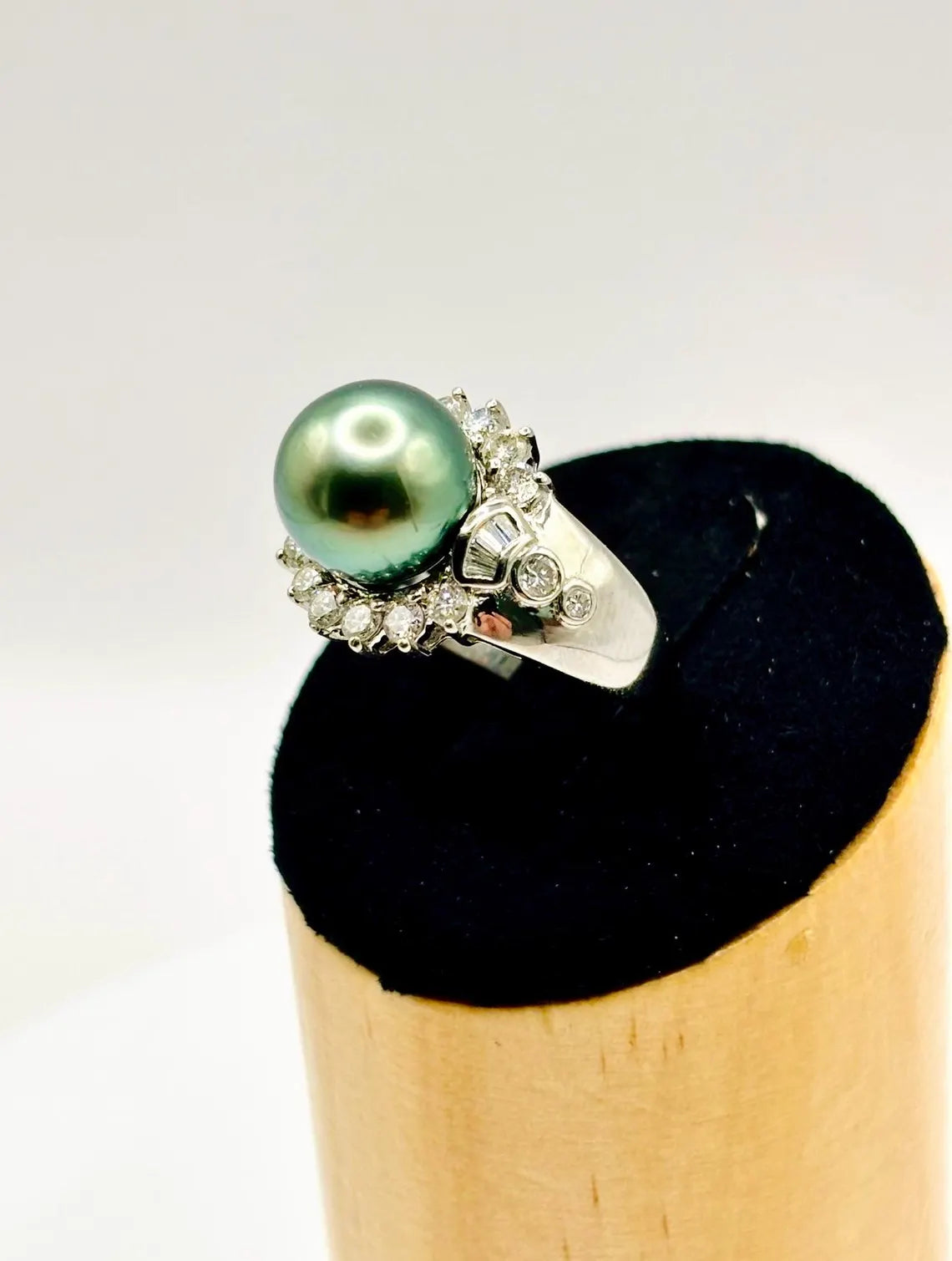 18K White Gold Tahitian Pearl Diamond Halo Ring, 10–11mm Pearl, 0.82ct Diamonds