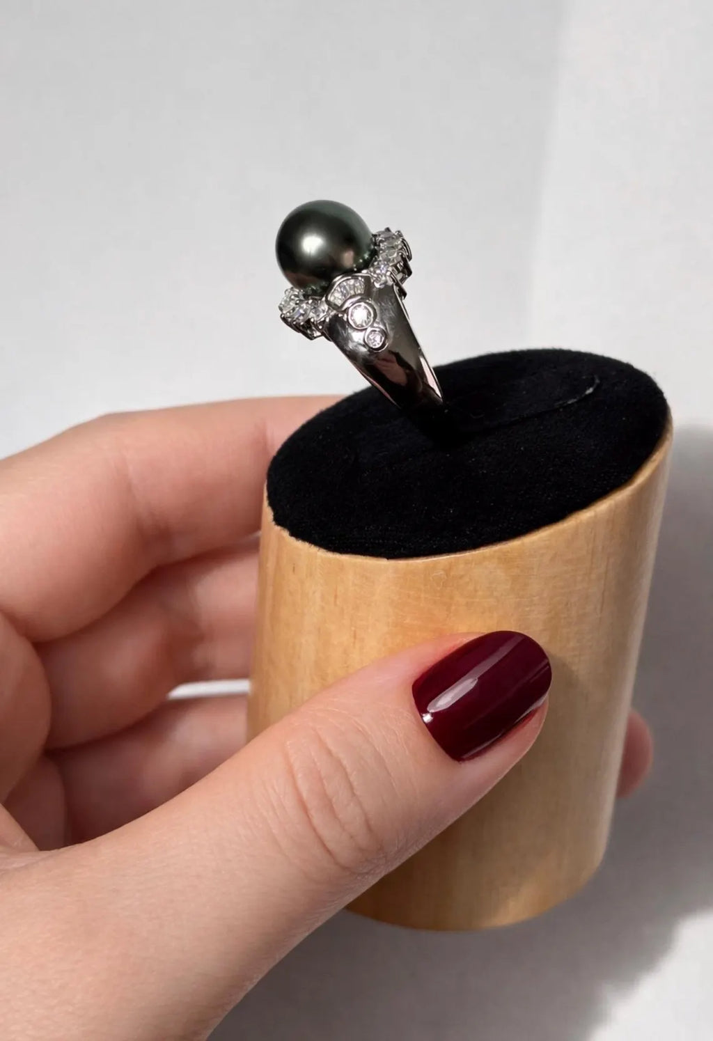 18K White Gold Tahitian Pearl Diamond Halo Ring, 10–11mm Pearl, 0.82ct Diamonds