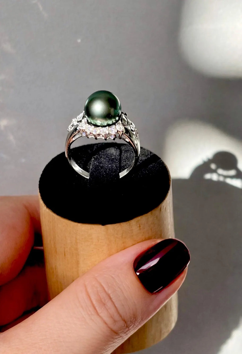 18K White Gold Tahitian Pearl Diamond Halo Ring, 10–11mm Pearl, 0.82ct Diamonds