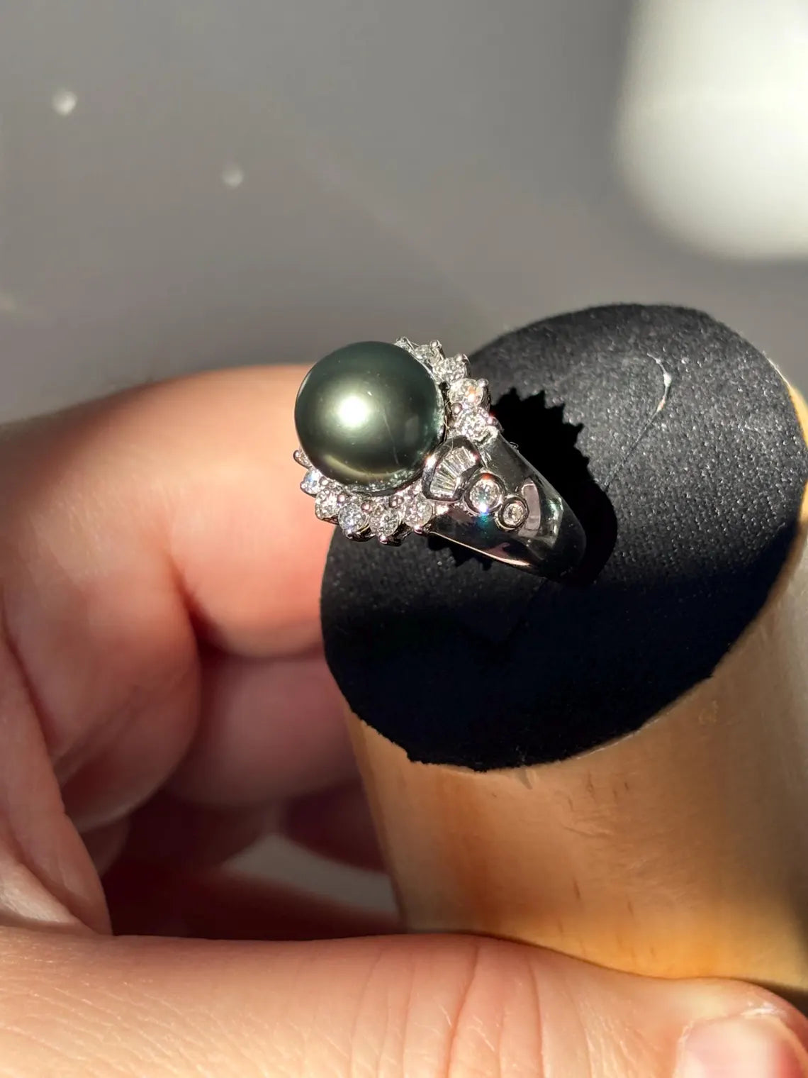 18K White Gold Tahitian Pearl Diamond Halo Ring, 10–11mm Pearl, 0.82ct Diamonds