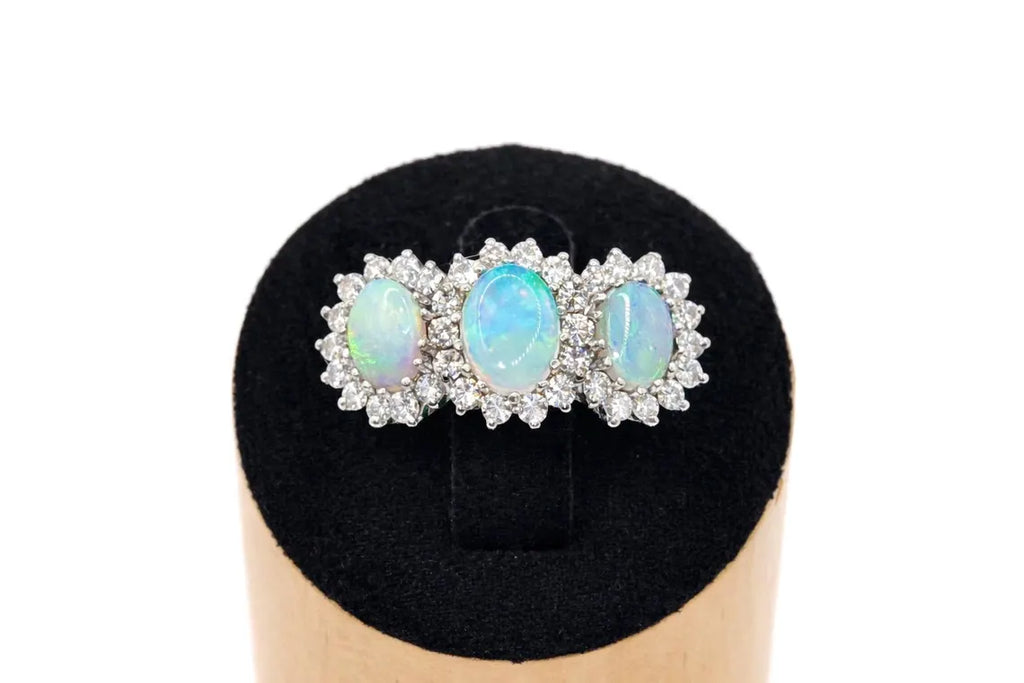 Victorian Style 18ct White Gold Opal Diamond Trilogy Ring 0.50ct
