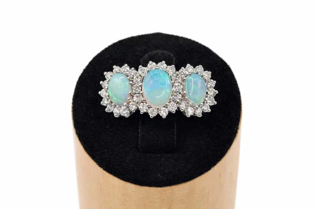 Victorian Style 18ct White Gold Opal Diamond Trilogy Ring 0.50ct