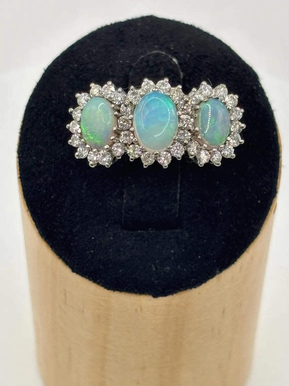 Victorian Style 18ct White Gold Opal Diamond Trilogy Ring 0.50ct