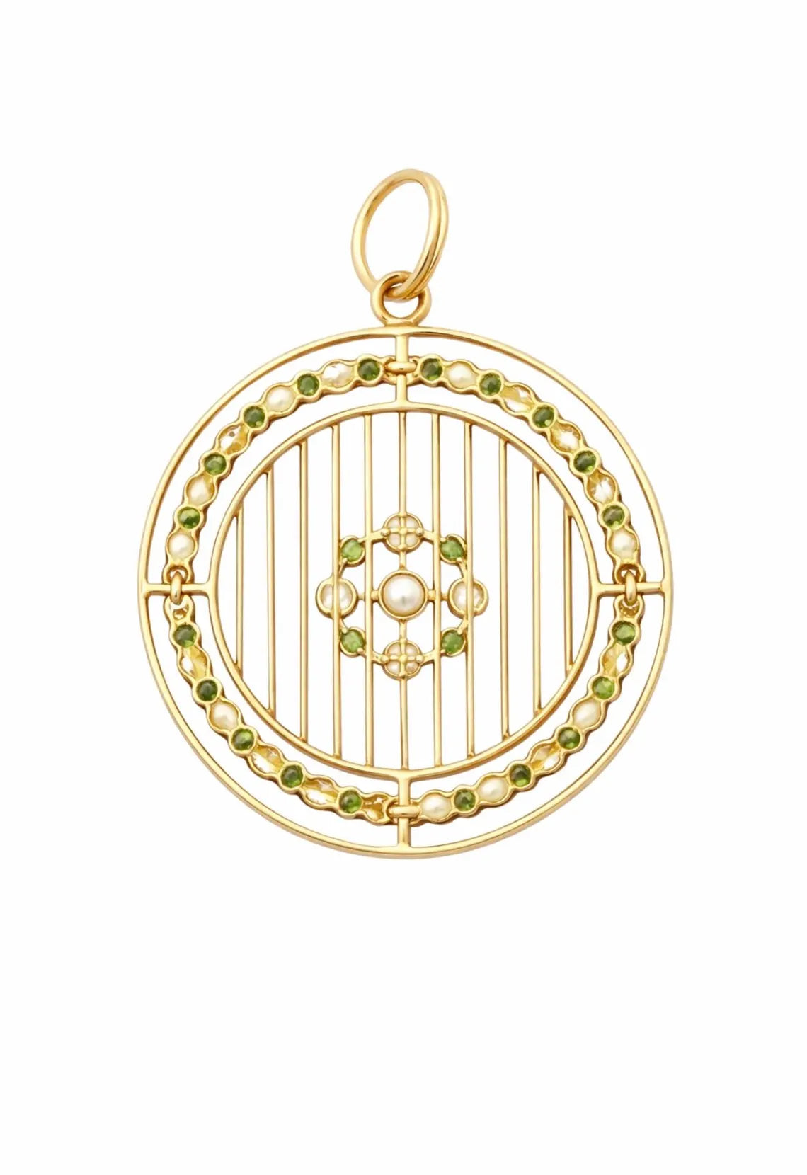 Edwardian 15ct Gold Peridot Seed Pearl Openwork Pendant, circa 1905 (18K Chain)