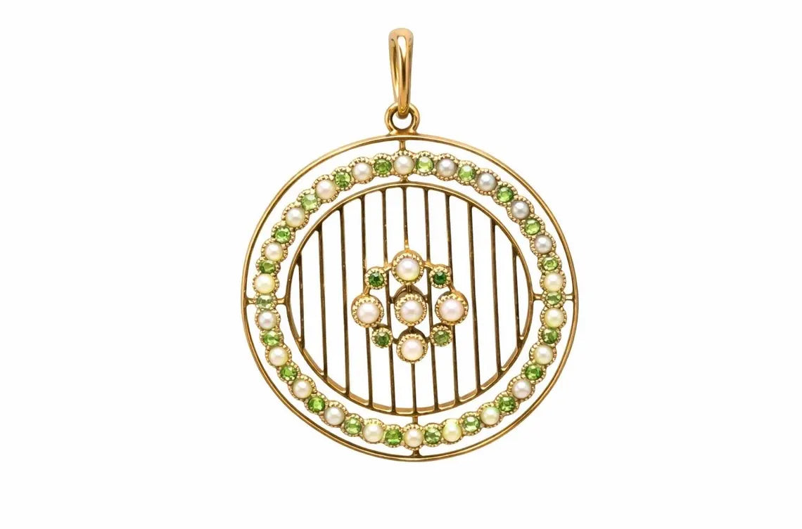 Edwardian 15ct Gold Peridot Seed Pearl Openwork Pendant, circa 1905 (18K Chain)