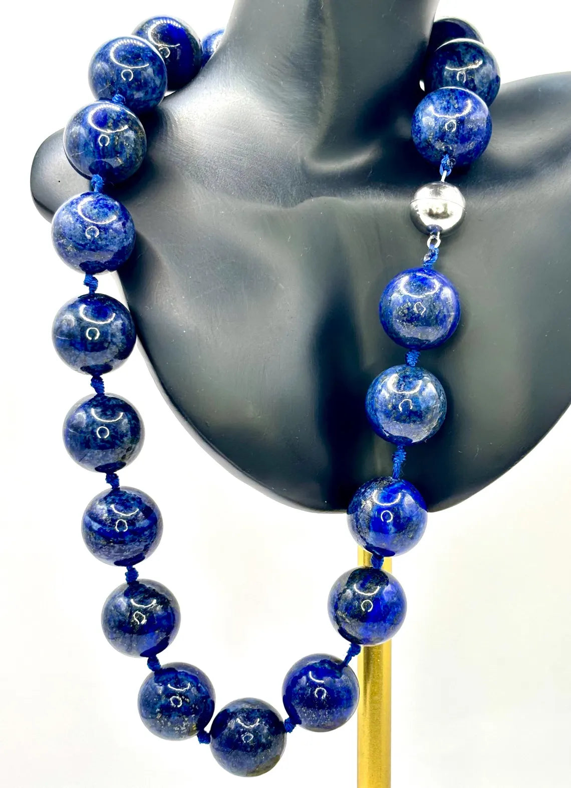 Large Lapis Lazuli Bead Necklace with Silver Magnetic Clasp, Late 20th Century