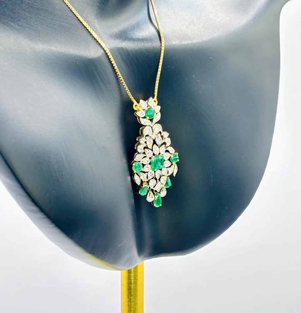 Edwardian Style Emerald and Diamond Drop Pendant Necklace, 18K Yellow Gold