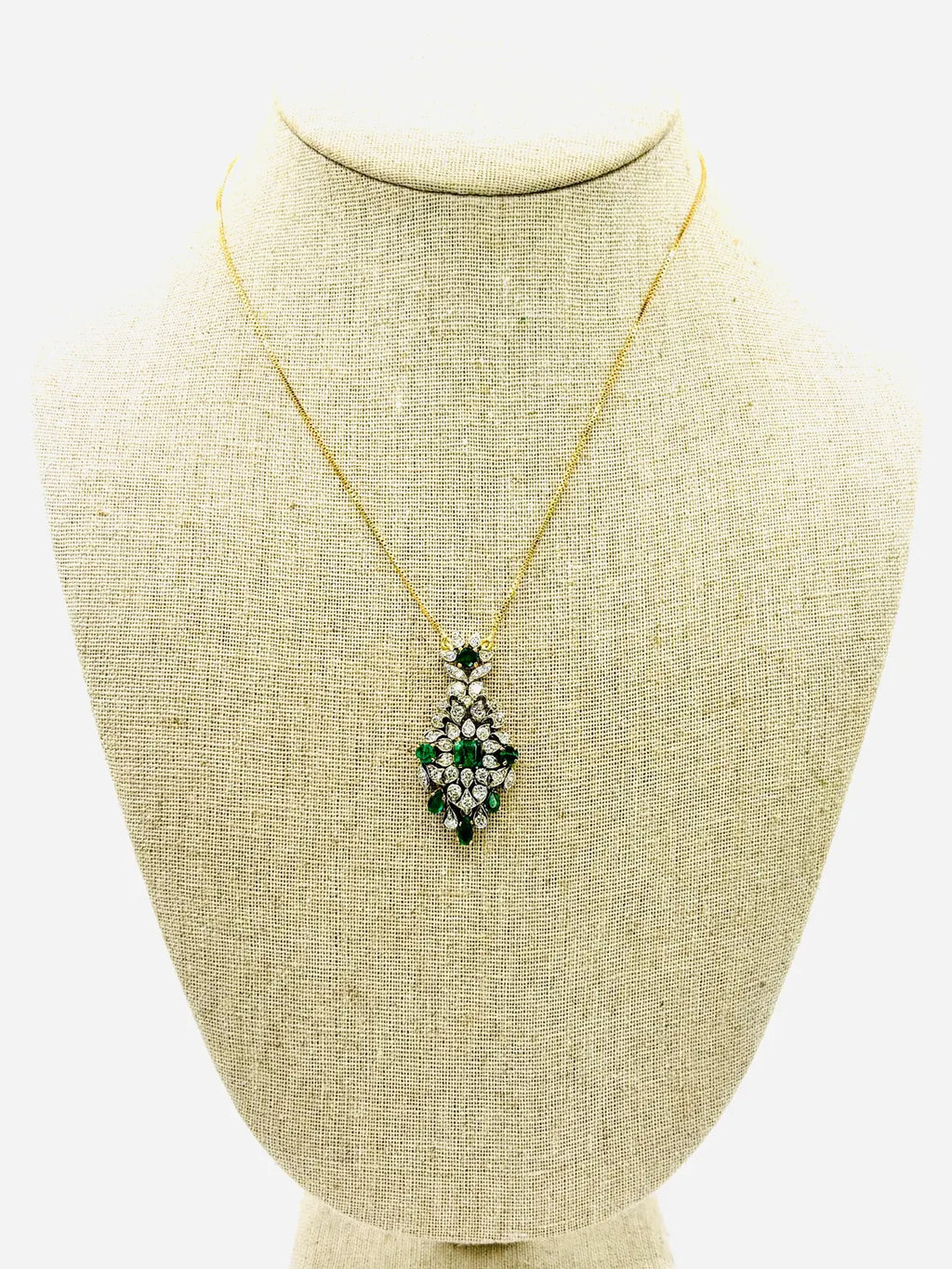 Edwardian Style Emerald and Diamond Drop Pendant Necklace, 18K Yellow Gold