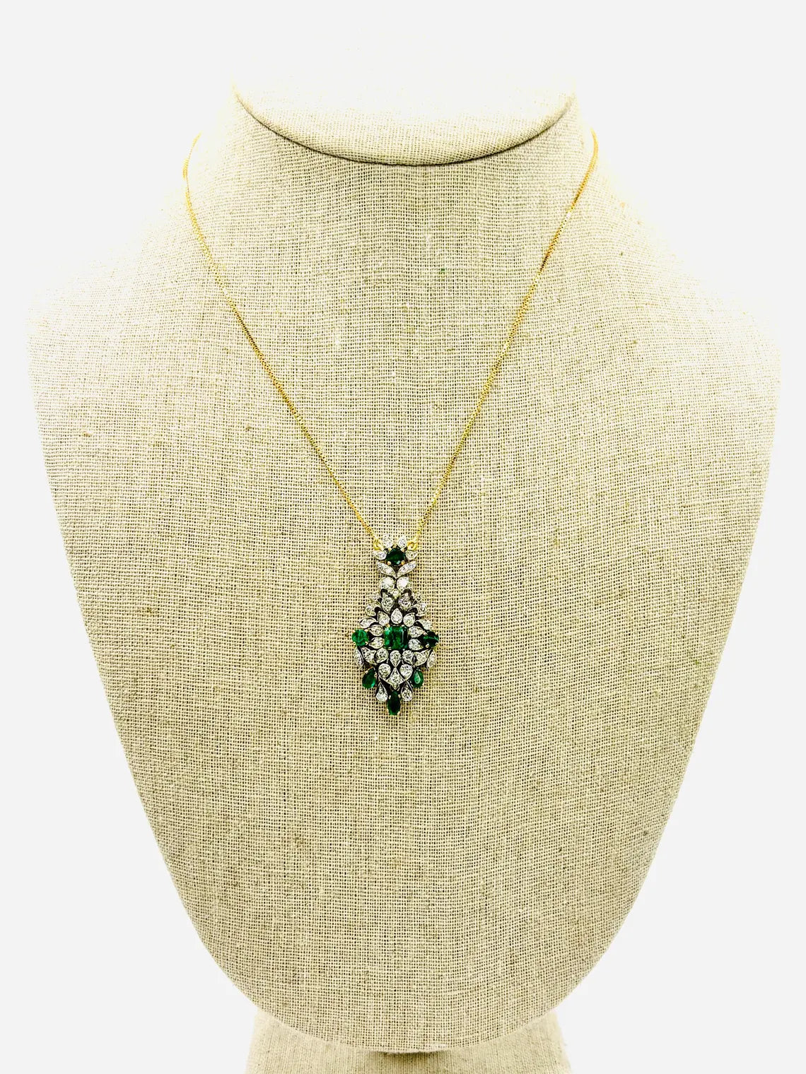 Edwardian Style Emerald and Diamond Drop Pendant Necklace, 18K Yellow Gold