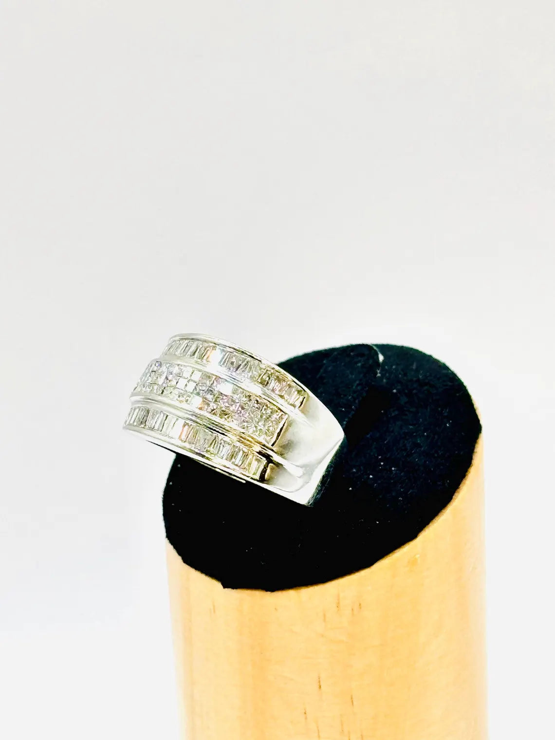 18K White Gold 1.25 Carat Diamond Baguette and Brilliant Wide Band Ring, 15.3g