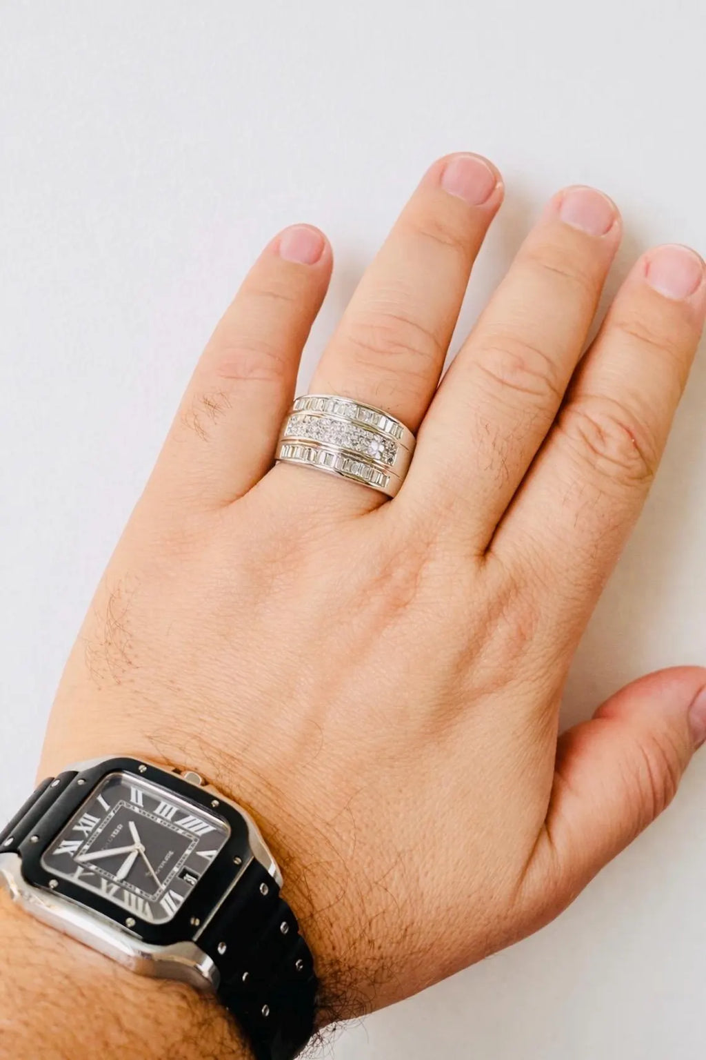 18K White Gold 1.25 Carat Diamond Baguette and Brilliant Wide Band Ring, 15.3g