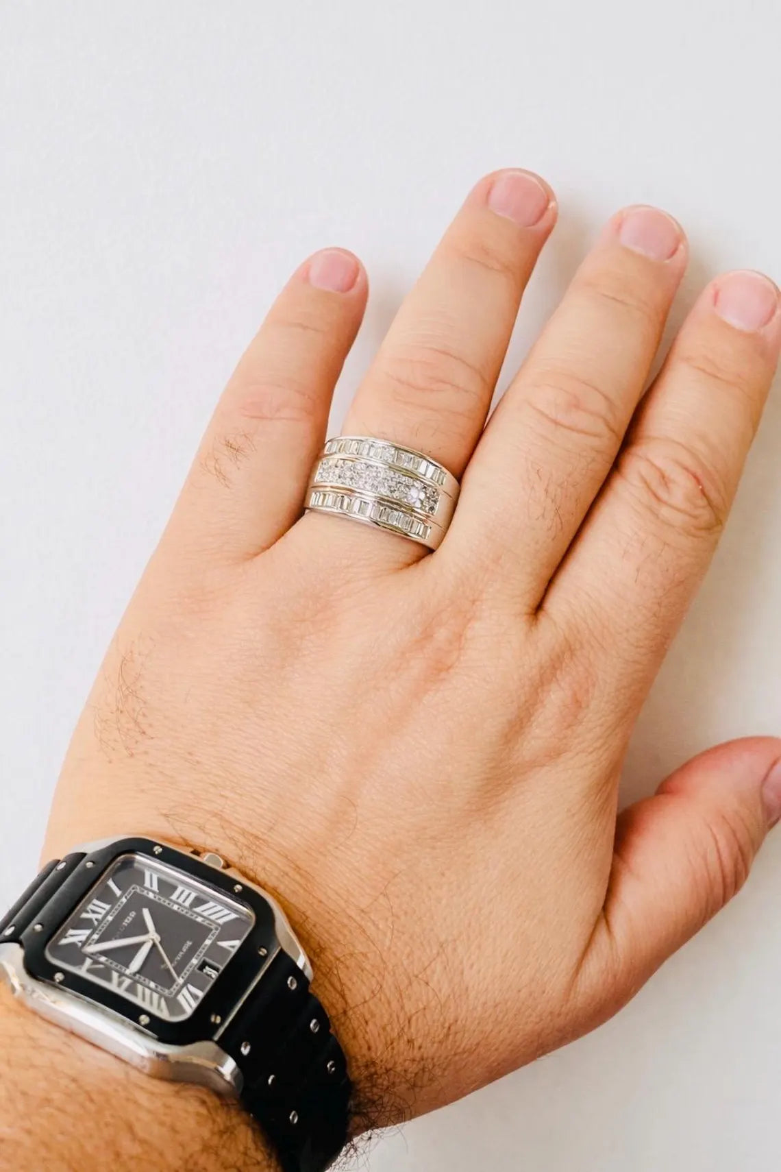 18K White Gold 1.25 Carat Diamond Baguette and Brilliant Wide Band Ring, 15.3g