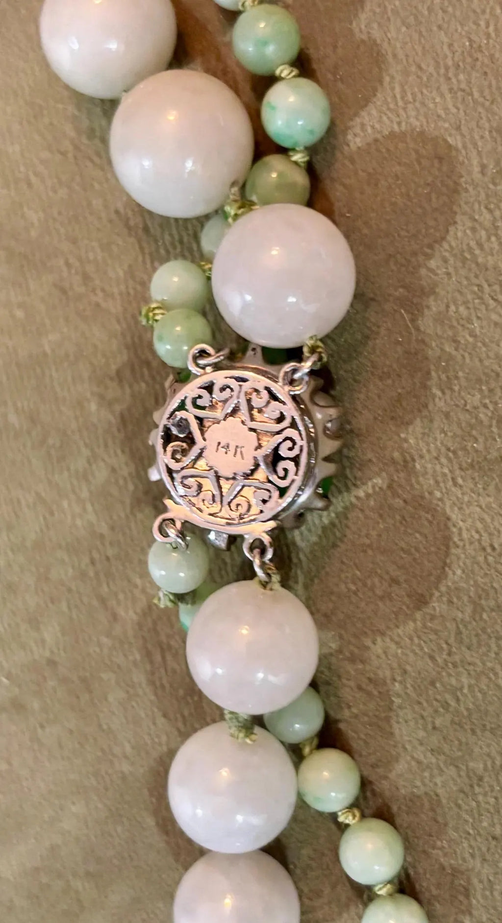 Certified Double Strand Natural Jade Bead Necklace, 14k Diamond Pearl Clasp, Statement Piece