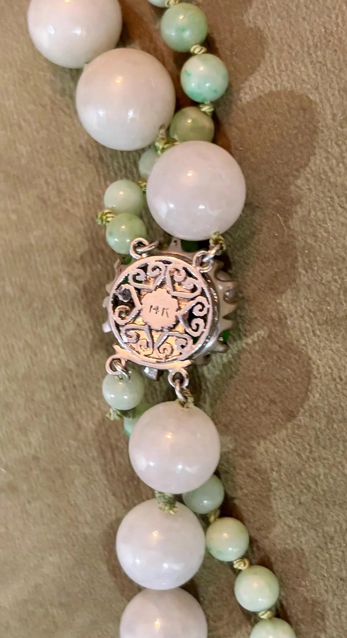 Certified Double Strand Natural Jade Bead Necklace, 14k Diamond Pearl Clasp, Statement Piece