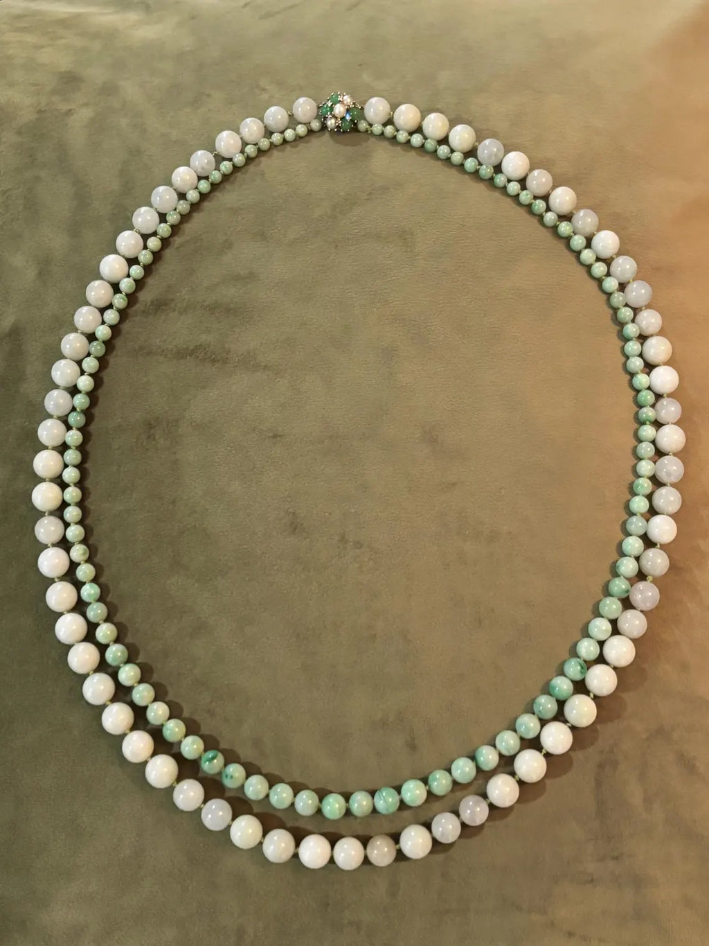 Certified Double Strand Natural Jade Bead Necklace, 14k Diamond Pearl Clasp, Statement Piece