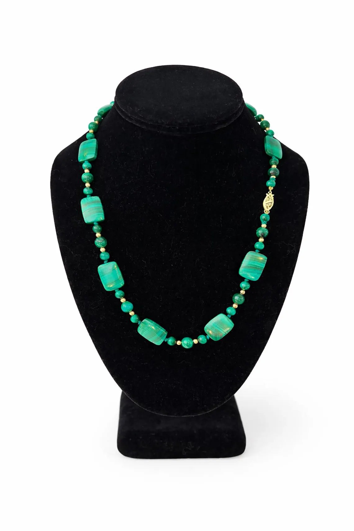 Vintage Malachite and 14K Gold Bead Necklace, Graduated Plaque Design, 50cm, 585 Clasp