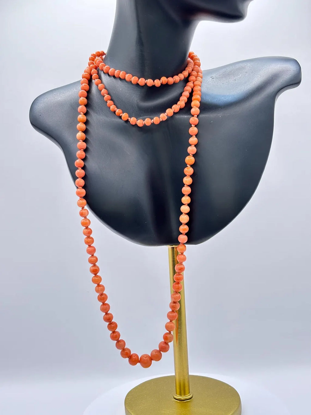 Antique Mediterranean Angel Skin Coral Graduated Opera Necklace, 14k Gold Clasp, Early 20th Century