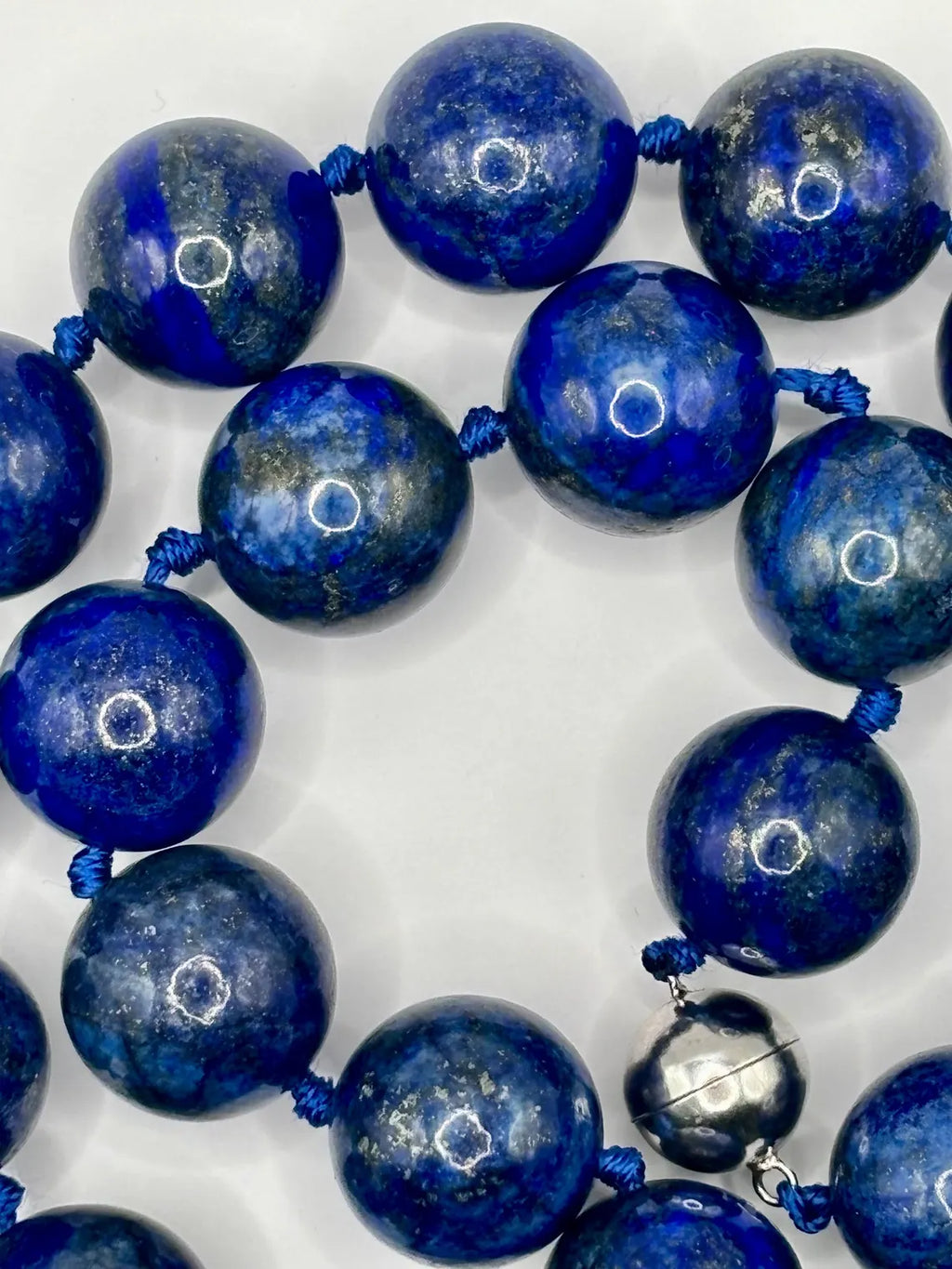 Large Lapis Lazuli Bead Necklace with Silver Magnetic Clasp, Late 20th Century