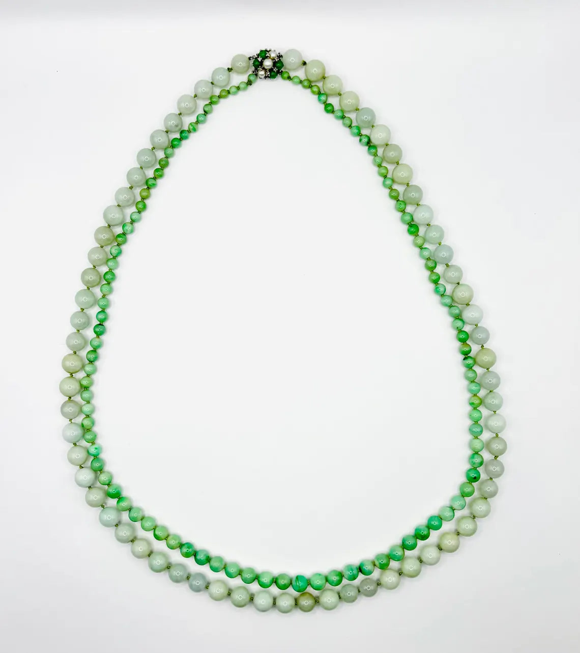Certified Double Strand Natural Jade Bead Necklace, 14k Diamond Pearl Clasp, Statement Piece