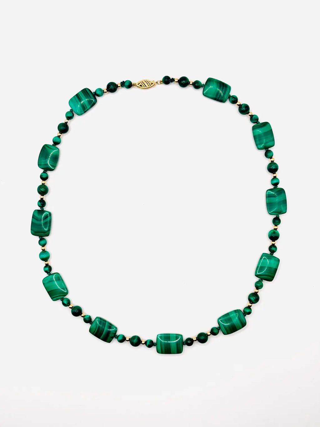 Vintage Malachite and 14K Gold Bead Necklace, Graduated Plaque Design, 50cm, 585 Clasp
