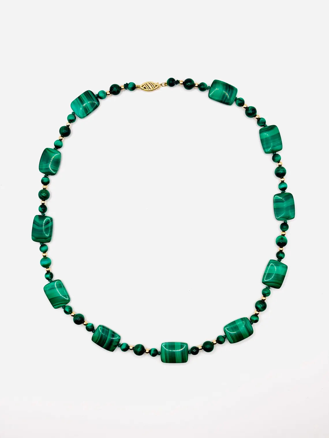 Vintage Malachite and 14K Gold Bead Necklace, Graduated Plaque Design, 50cm, 585 Clasp