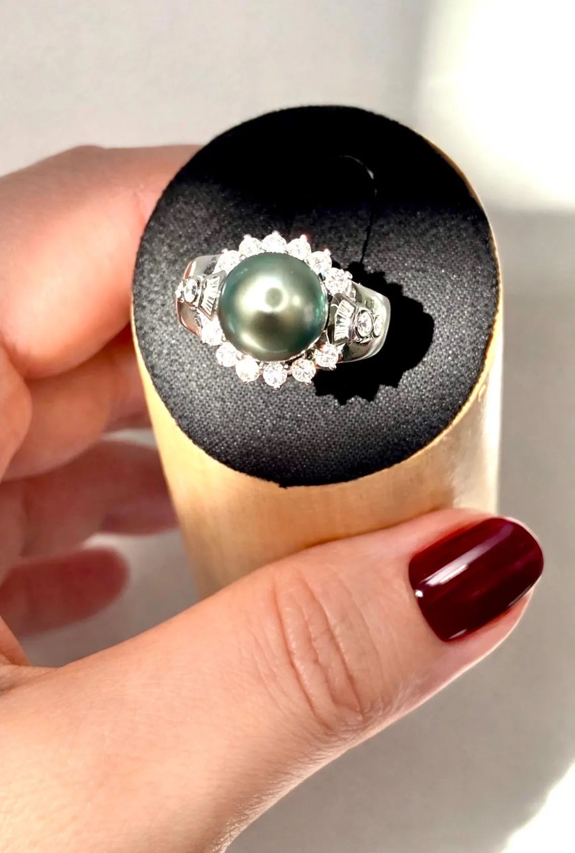 18K White Gold Tahitian Pearl Diamond Halo Ring, 10–11mm Pearl, 0.82ct Diamonds