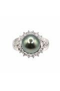 18K White Gold Tahitian Pearl Diamond Halo Ring, 10–11mm Pearl, 0.82ct Diamonds