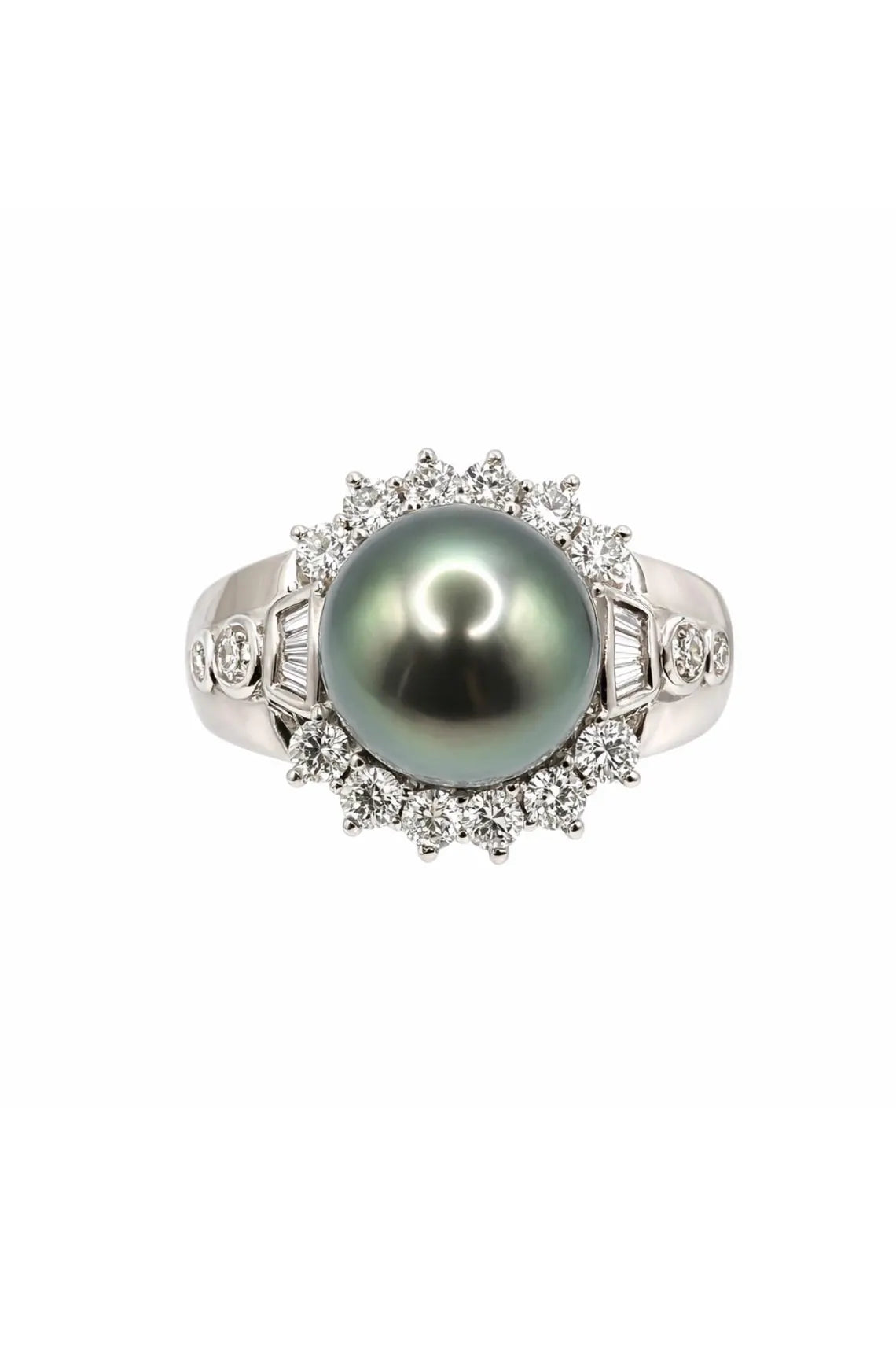 18K White Gold Tahitian Pearl Diamond Halo Ring, 10–11mm Pearl, 0.82ct Diamonds