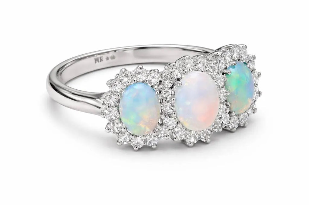 Victorian Style 18ct White Gold Opal Diamond Trilogy Ring 0.50ct