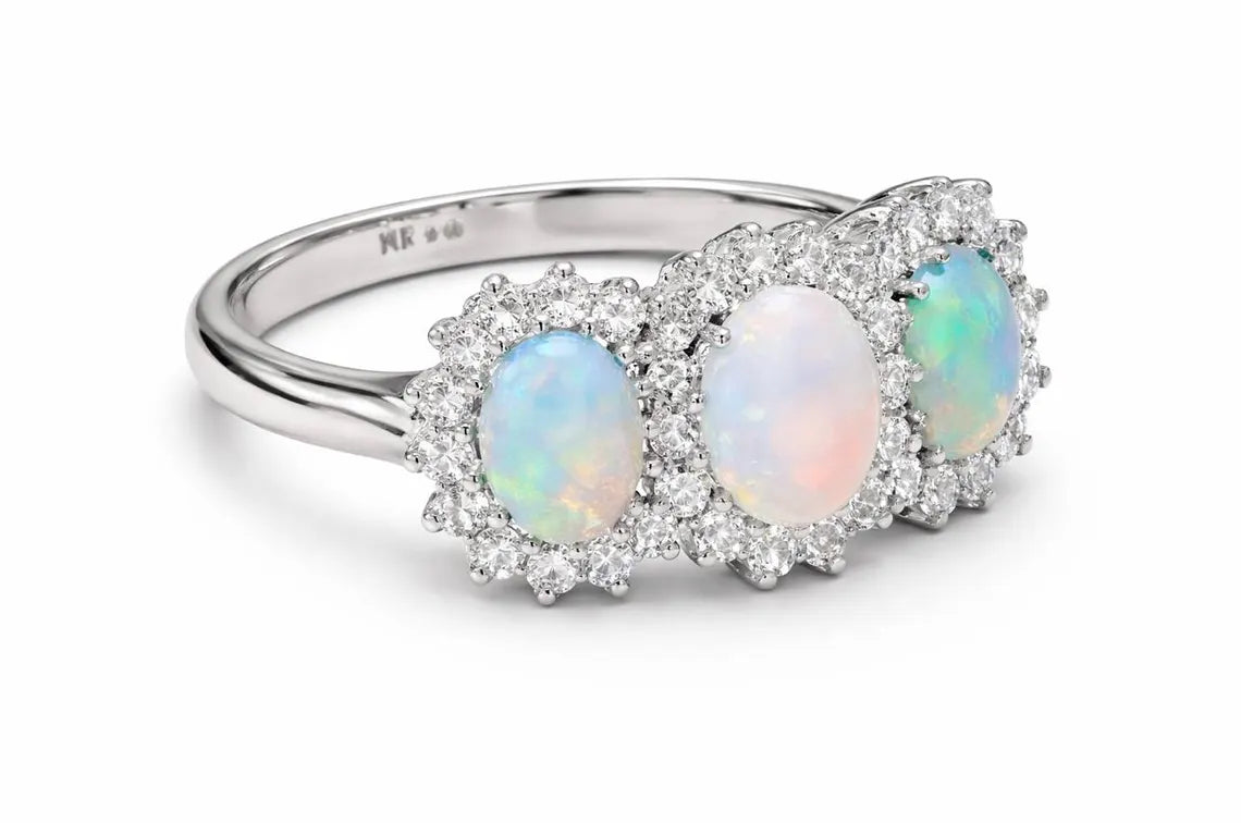 Victorian Style 18ct White Gold Opal Diamond Trilogy Ring 0.50ct