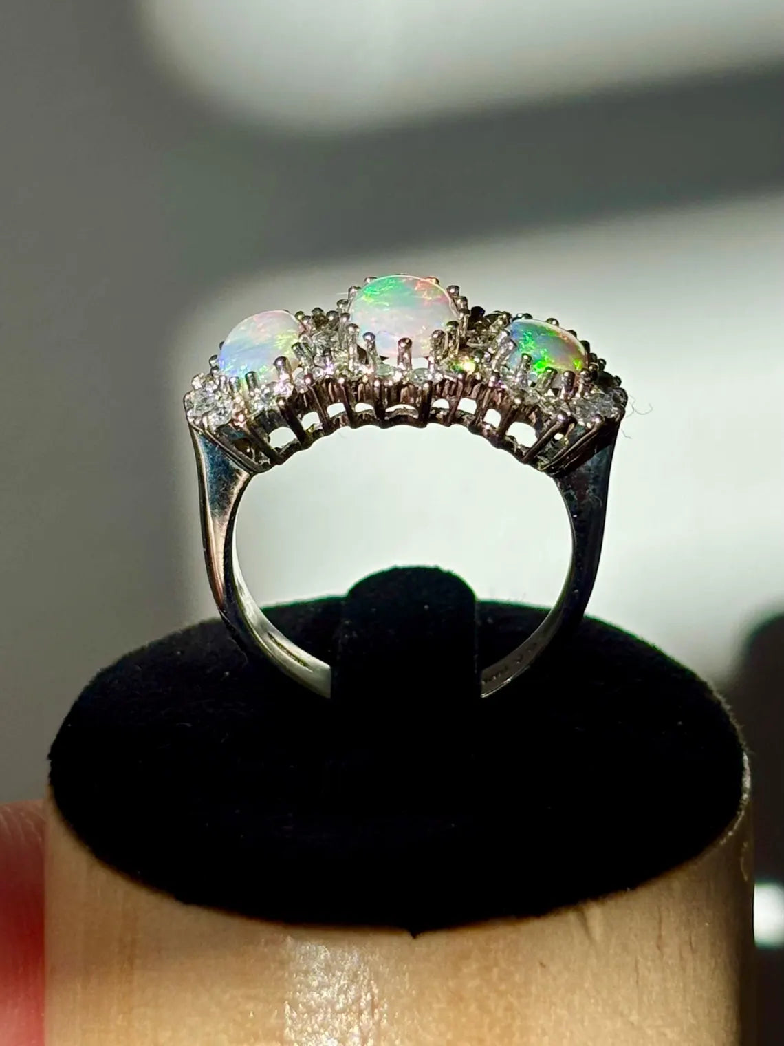 Victorian Style 18ct White Gold Opal Diamond Trilogy Ring 0.50ct