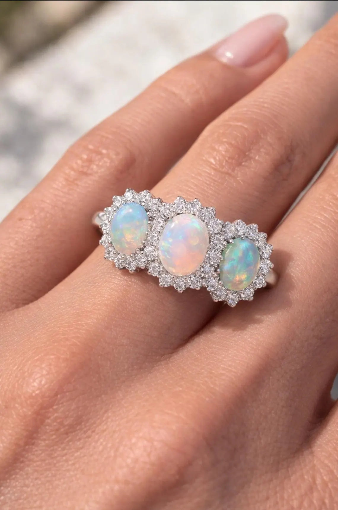 Victorian Style 18ct White Gold Opal Diamond Trilogy Ring 0.50ct