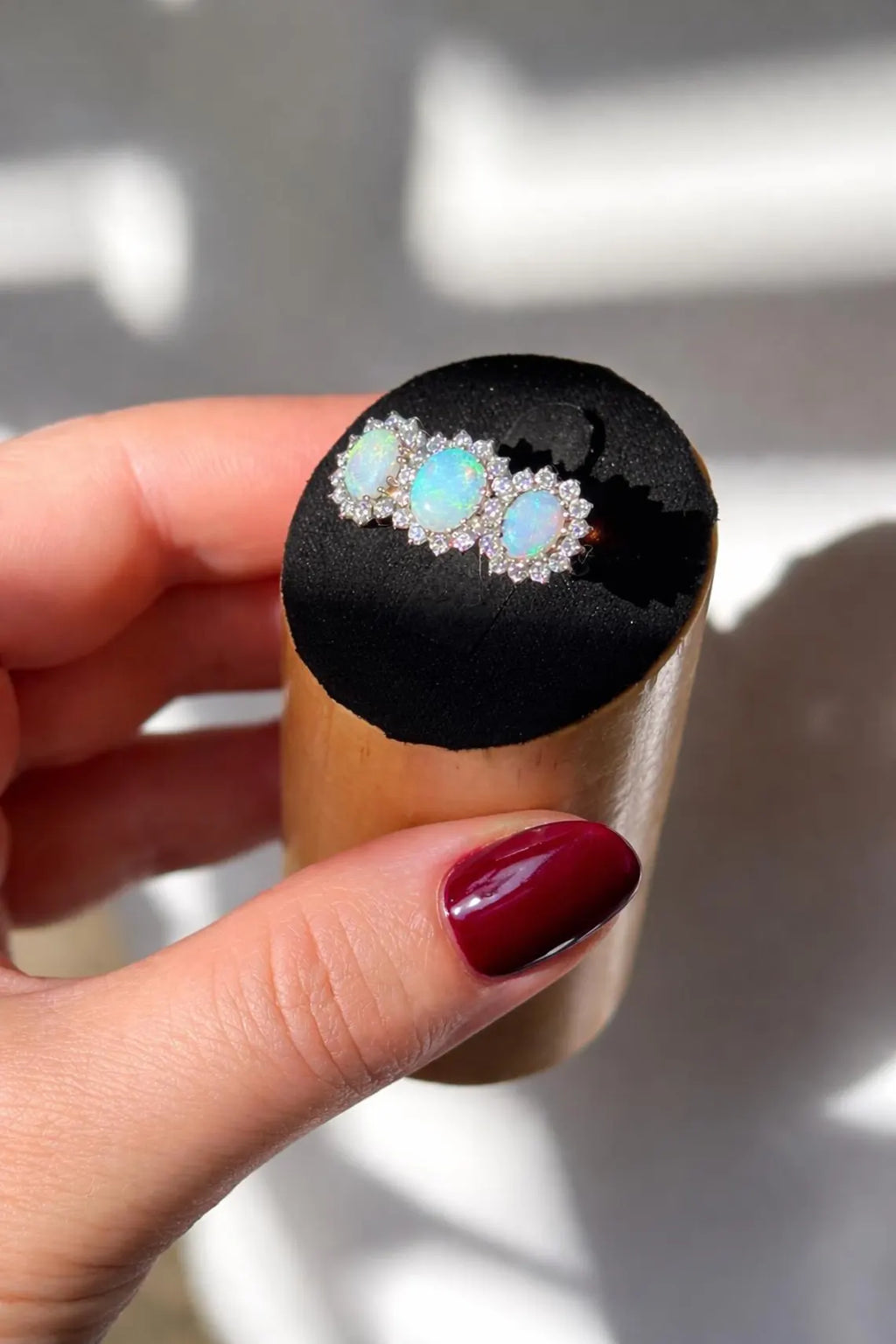 Victorian Style 18ct White Gold Opal Diamond Trilogy Ring 0.50ct