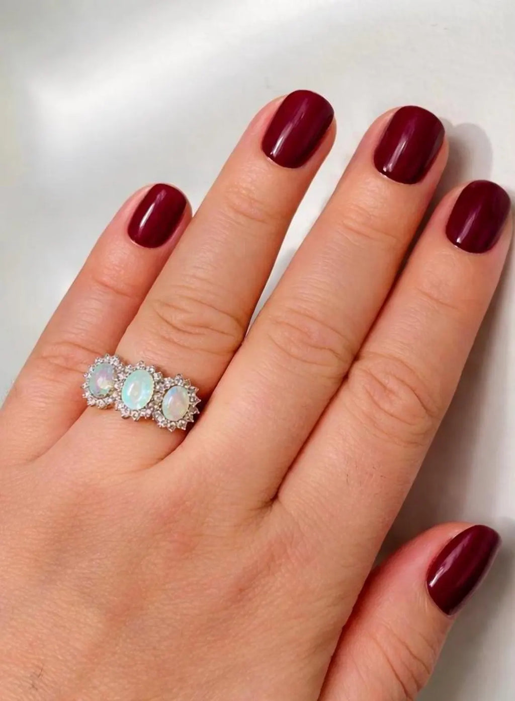 Victorian Style 18ct White Gold Opal Diamond Trilogy Ring 0.50ct
