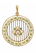 Edwardian 15ct Gold Peridot Seed Pearl Openwork Pendant, circa 1905 (18K Chain)