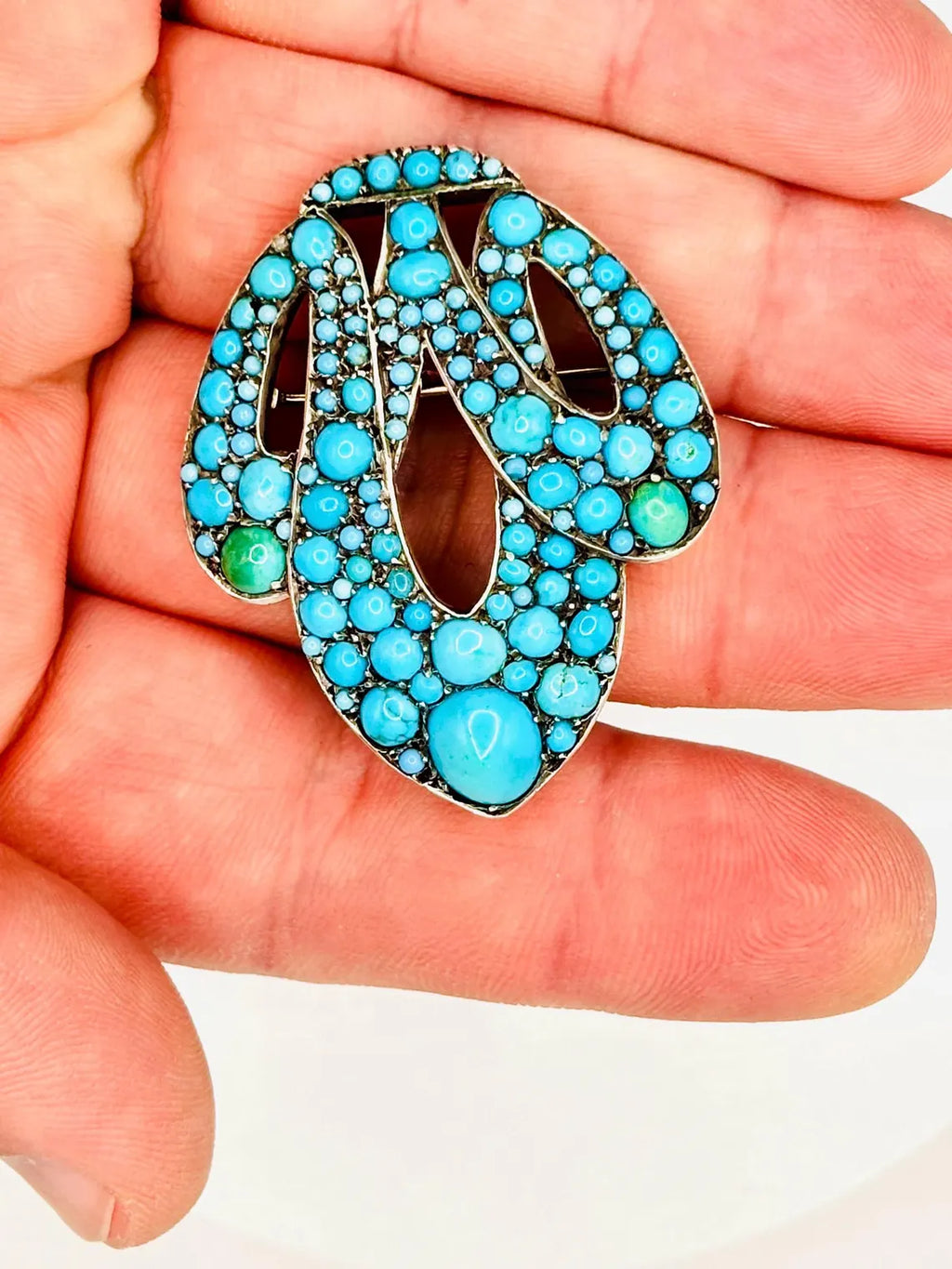 Antique Austro-Hungarian Turquoise Cluster Brooch Silver on 14k Gold, c.1880’s