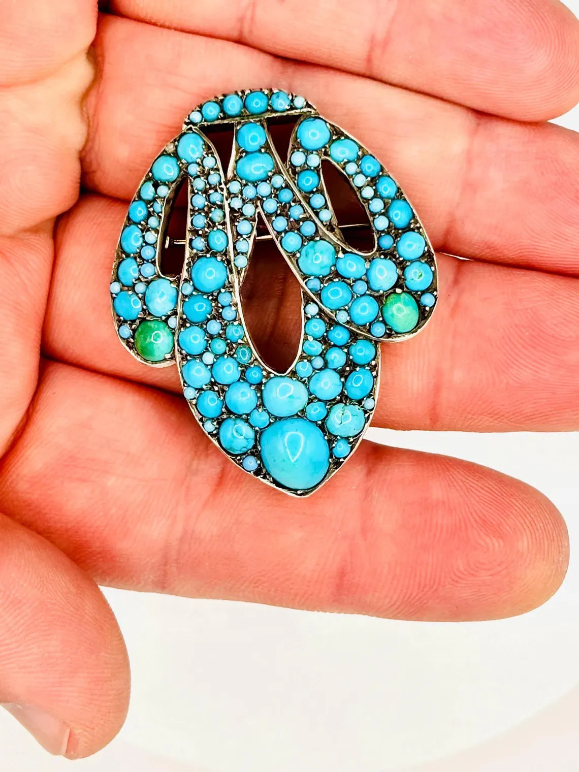 Antique Austro-Hungarian Turquoise Cluster Brooch Silver on 14k Gold, c.1880’s
