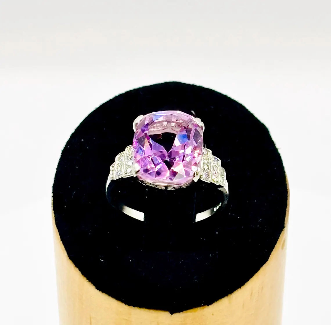 ART DECO Style 9.24 Carat KUNZITE Platinum Ring with Diamonds