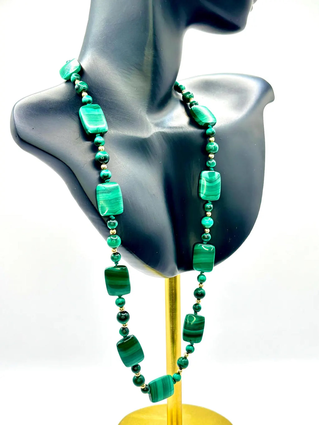 Vintage Malachite and 14K Gold Bead Necklace, Graduated Plaque Design, 50cm, 585 Clasp