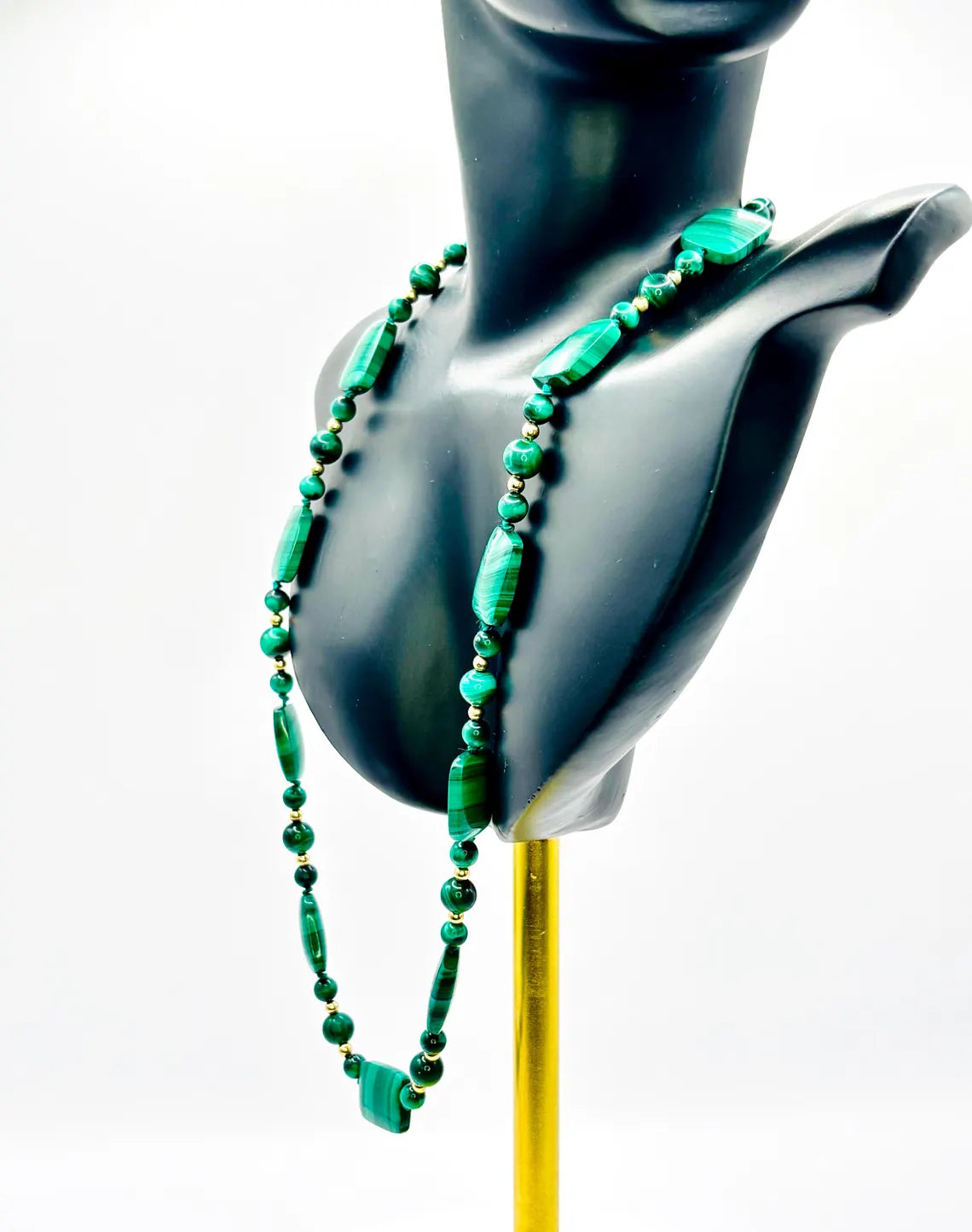 Vintage Malachite and 14K Gold Bead Necklace, Graduated Plaque Design, 50cm, 585 Clasp