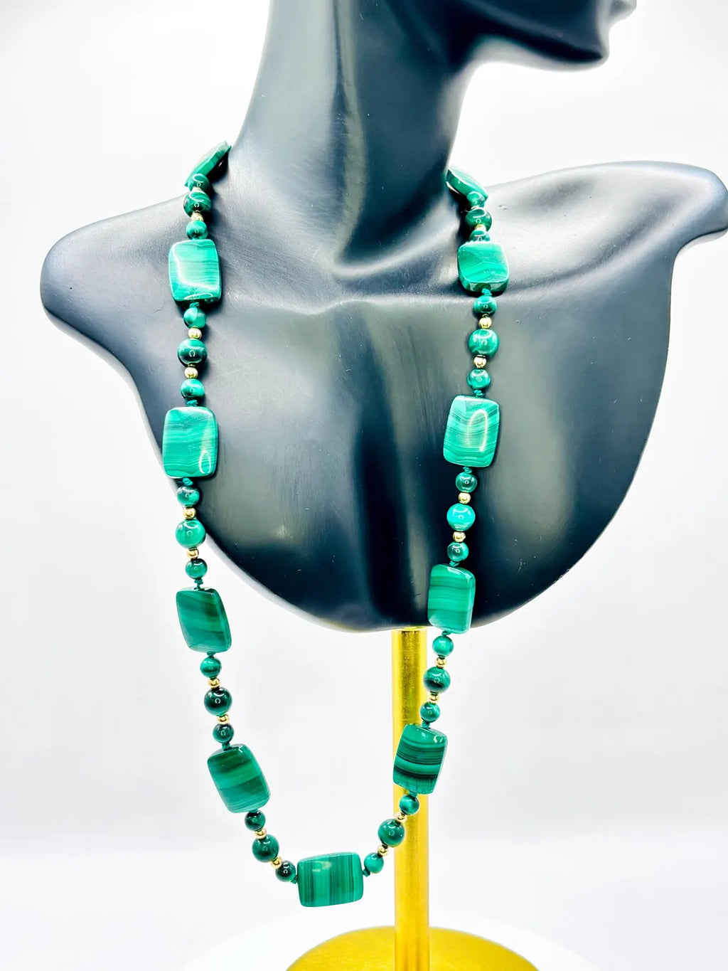 Vintage Malachite and 14K Gold Bead Necklace, Graduated Plaque Design, 50cm, 585 Clasp