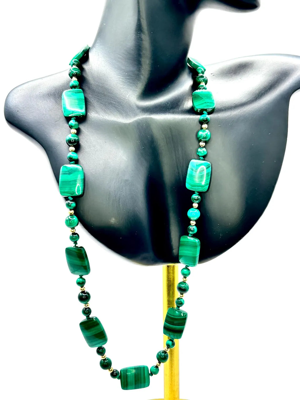 Vintage Malachite and 14K Gold Bead Necklace, Graduated Plaque Design, 50cm, 585 Clasp