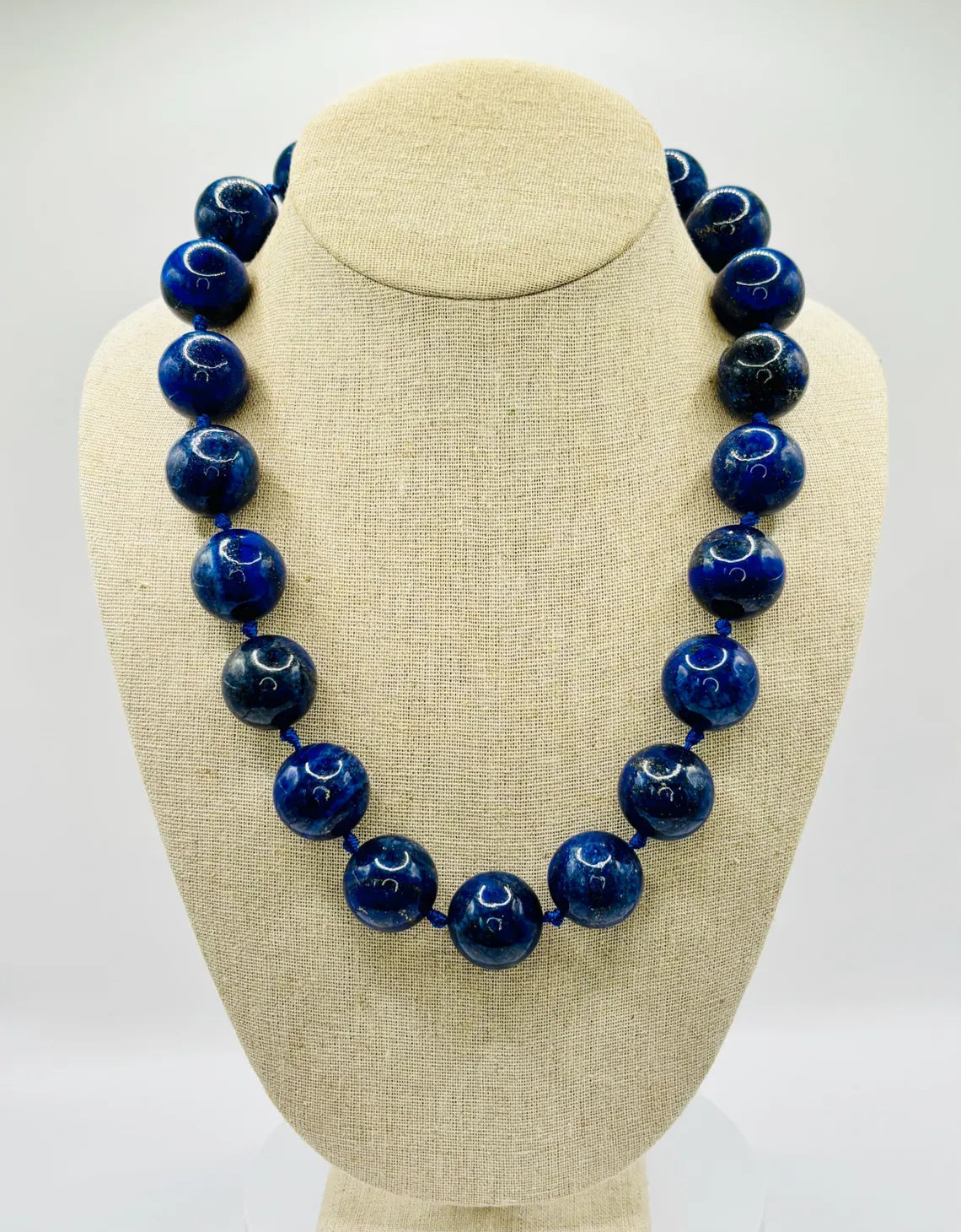Large Lapis Lazuli Bead Necklace with Silver Magnetic Clasp, Late 20th Century