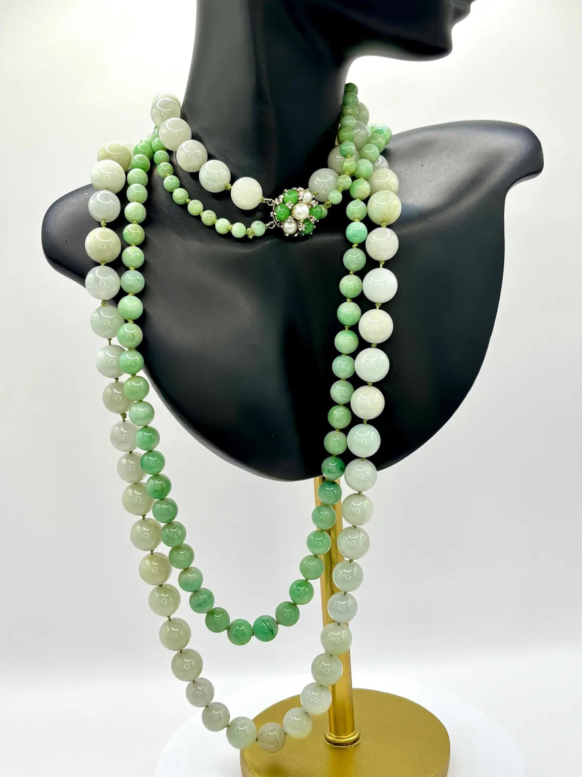 Certified Double Strand Natural Jade Bead Necklace, 14k Diamond Pearl Clasp, Statement Piece