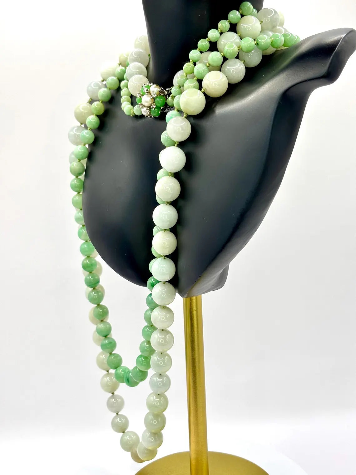 Certified Double Strand Natural Jade Bead Necklace, 14k Diamond Pearl Clasp, Statement Piece
