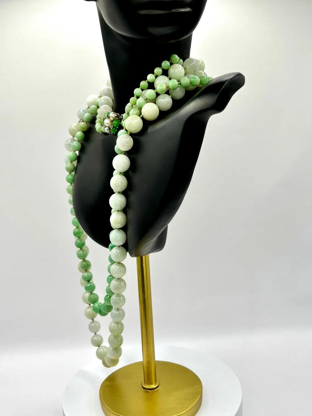 Certified Double Strand Natural Jade Bead Necklace, 14k Diamond Pearl Clasp, Statement Piece