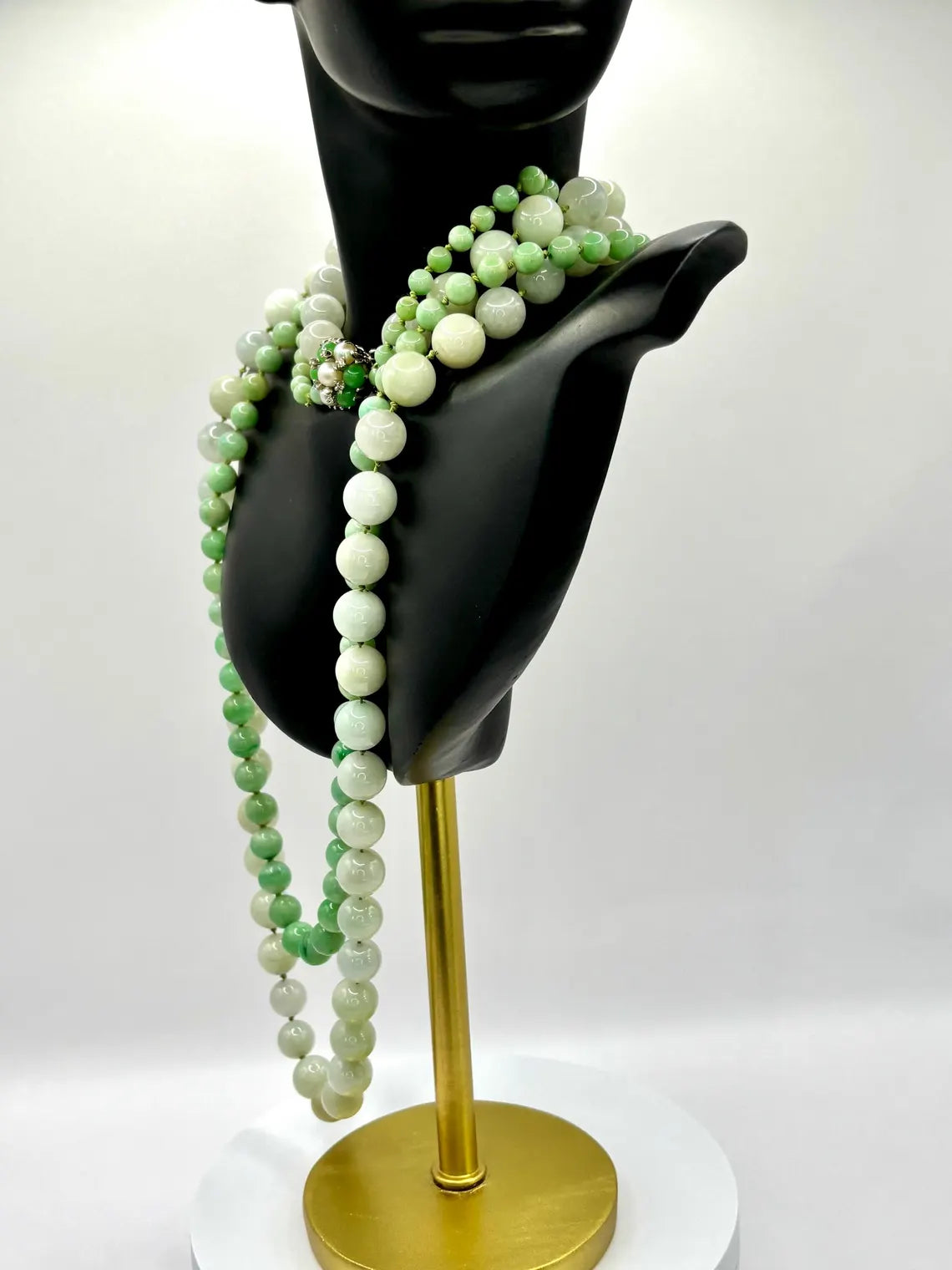 Certified Double Strand Natural Jade Bead Necklace, 14k Diamond Pearl Clasp, Statement Piece