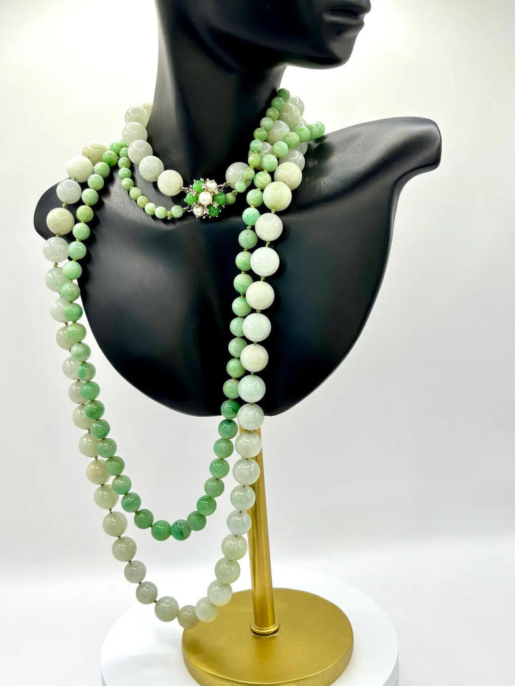 Certified Double Strand Natural Jade Bead Necklace, 14k Diamond Pearl Clasp, Statement Piece