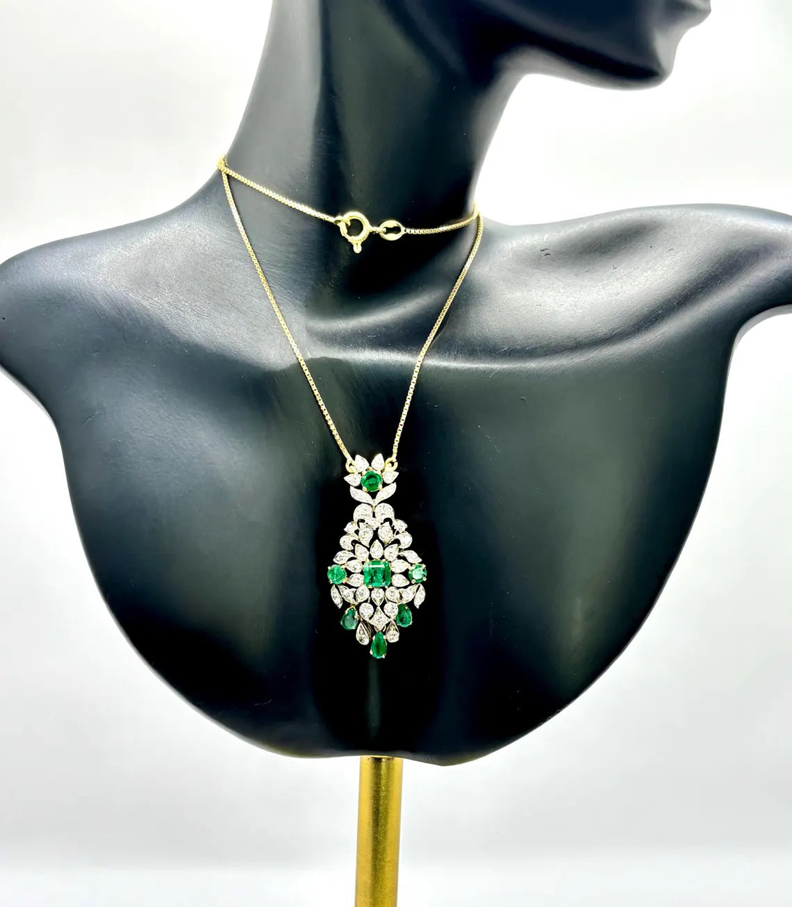 Edwardian Style Emerald and Diamond Drop Pendant Necklace, 18K Yellow Gold
