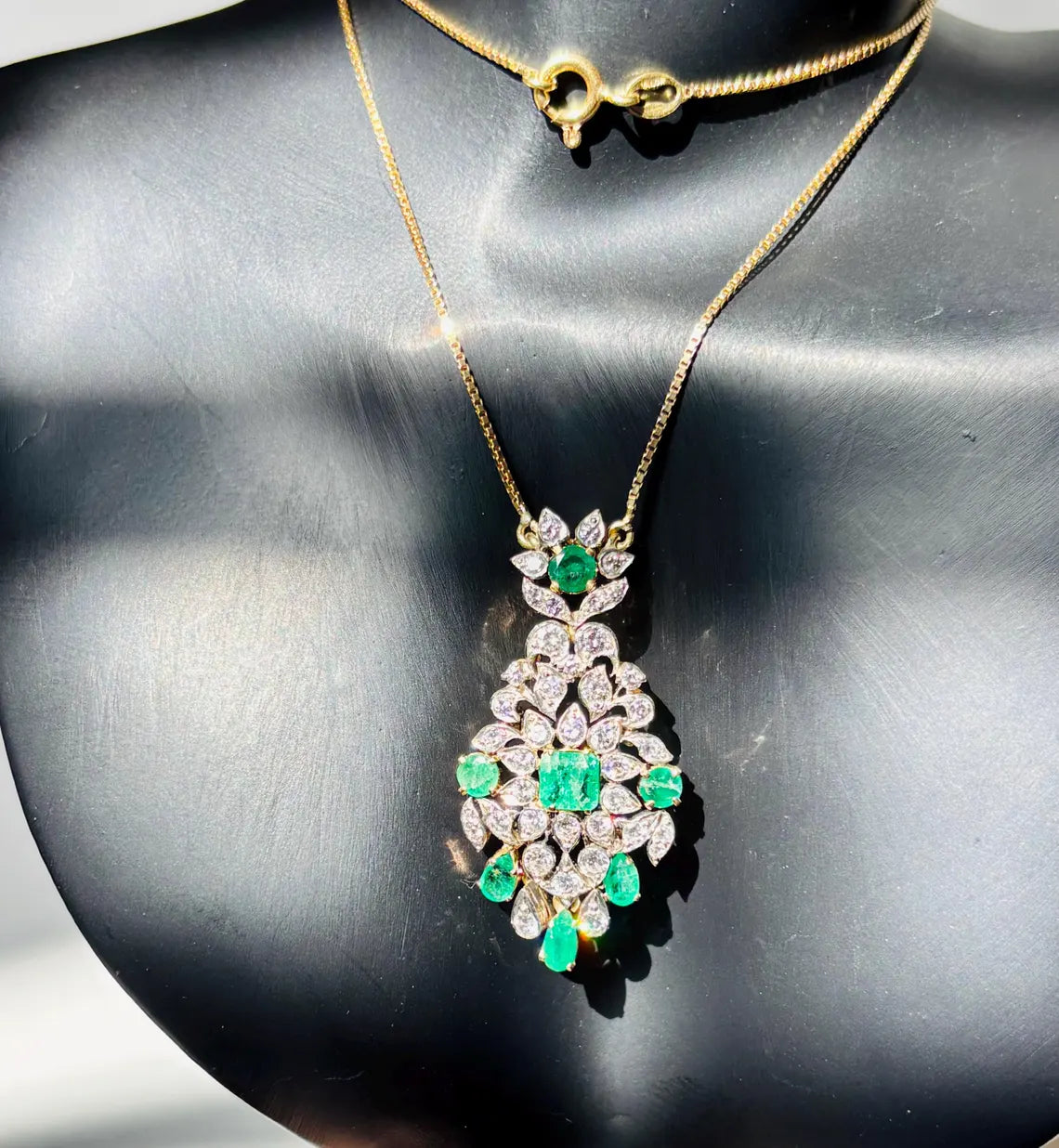 Edwardian Style Emerald and Diamond Drop Pendant Necklace, 18K Yellow Gold